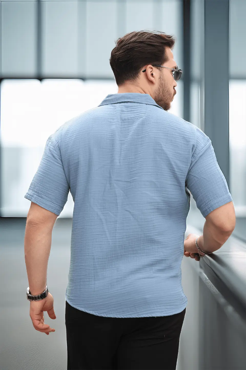 yarim oversize apaş yaka kisa kol müslin kumaş erkek gömlek - Justyol