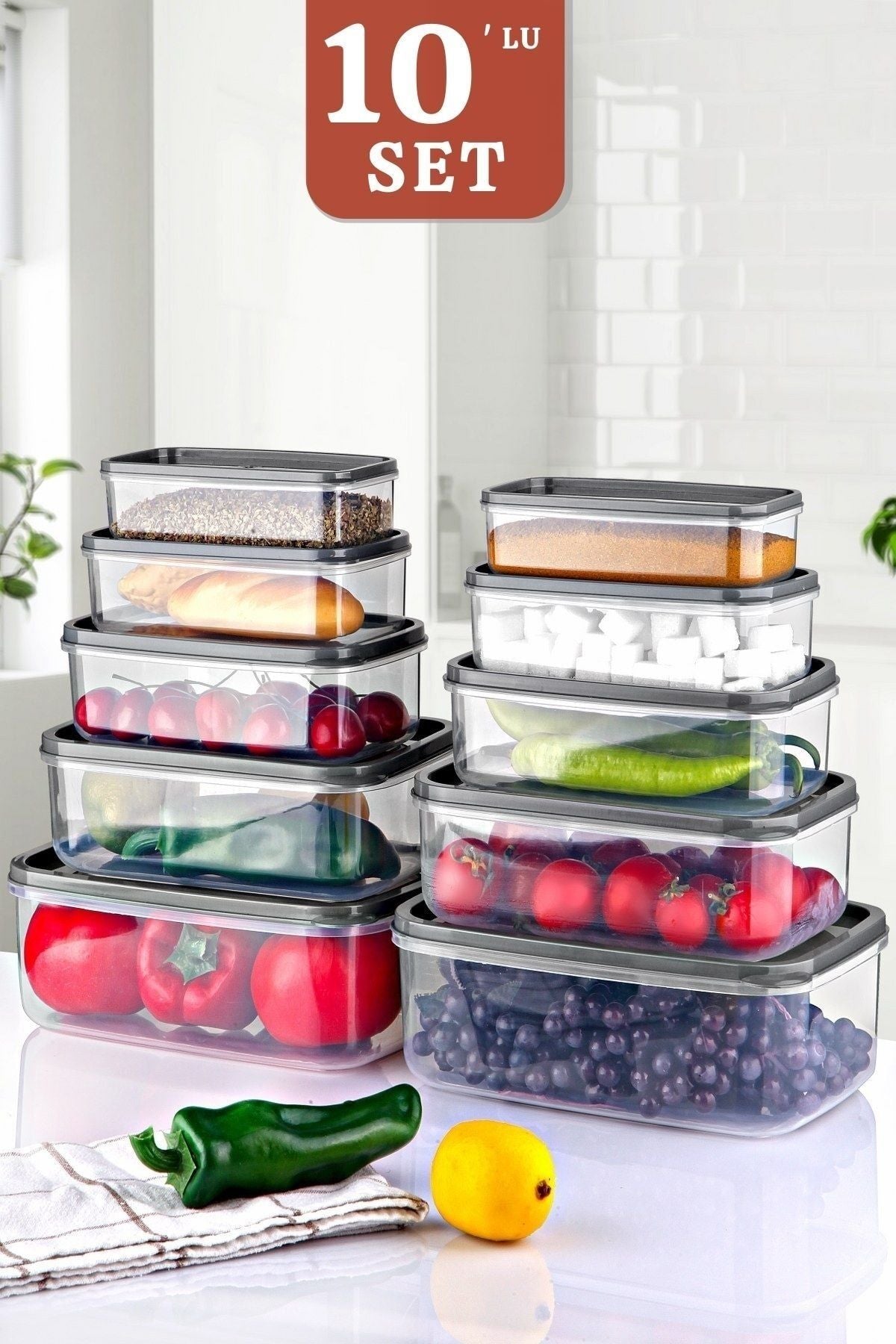 10 lu Set Embox Dikdörtgen Erzak, Gıda Saklama Kabı Antrasit JHome