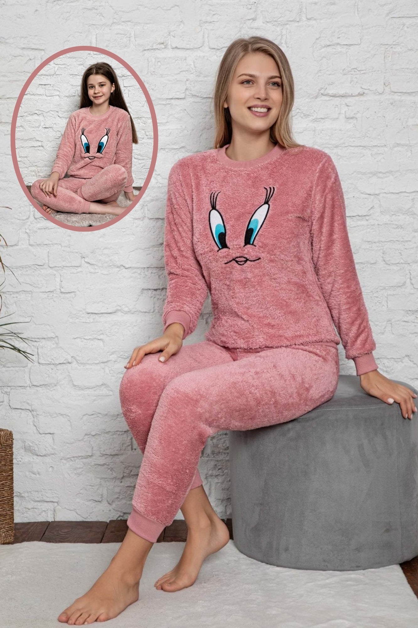 civciv desenli anne kiz çocuk kombin peluş pijama takimi (anne kiz ayri satilir.) - Justyol