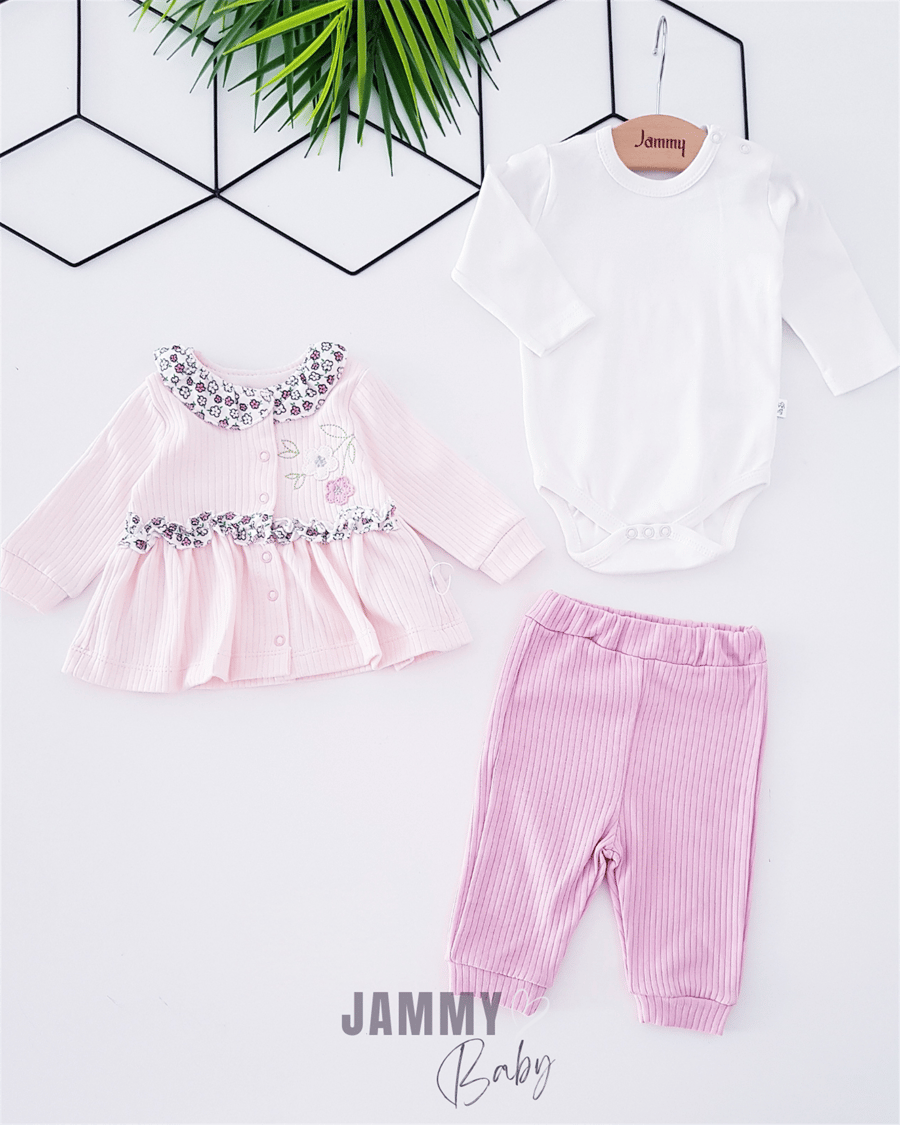 Floral Embroidery Cardigan Suit - PINK - Justyol