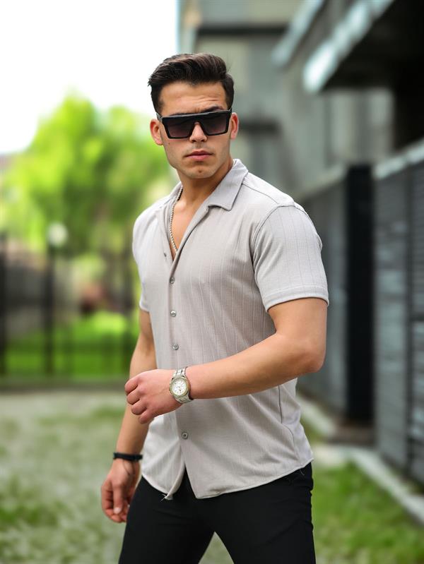 Çizgi Desenli Kısa Kol Fit Gömlek - Justyol