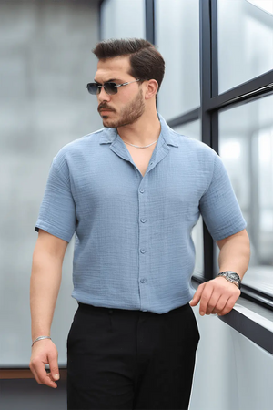 yarim oversize apaş yaka kisa kol müslin kumaş erkek gömlek - Justyol
