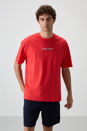 pamuklu kalin yüzeyi dokulu oversize fit baskili erkek t-shirt - 88372 - Justyol