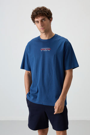 pamuklu kalin yüzeyi dokulu oversize fit baskili erkek t-shirt - 88372 - Justyol