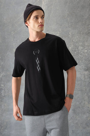 %100 pamuk kalin yumuşak dokulu oversize fit baskili erkek t-shirt - 88355 - Justyol