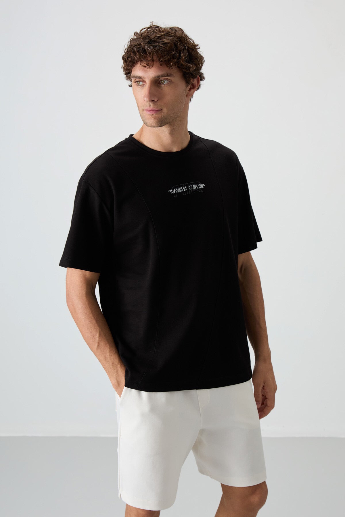 pamuklu kalin yüzeyi dokulu oversize fit baskili erkek t-shirt - 88372 - Justyol