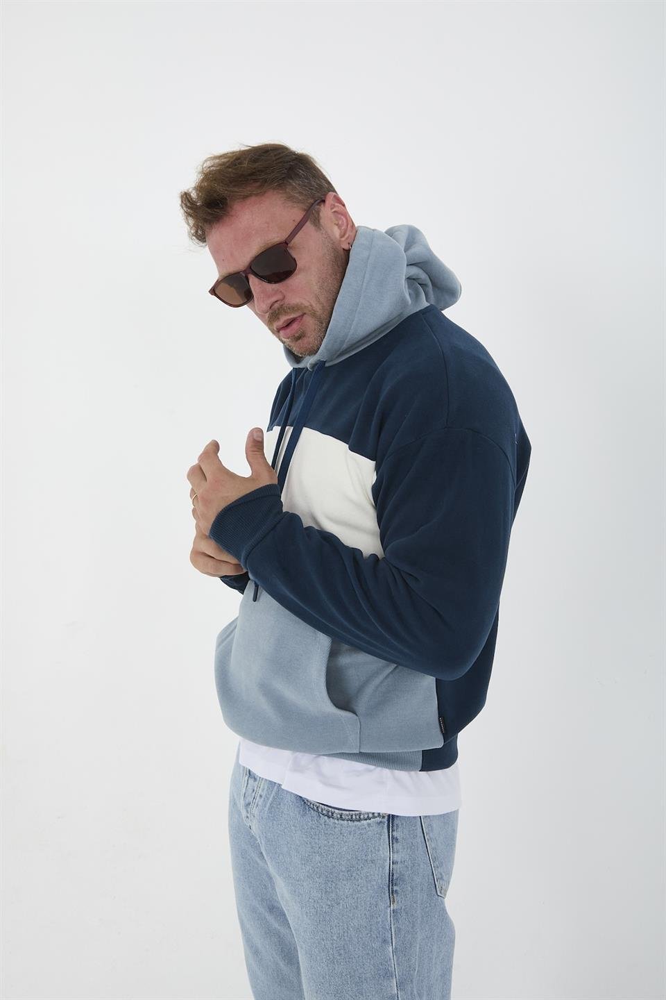 oversize kapüşonlu 3 renk blok selanik örme erkek sweatshirt - Justyol