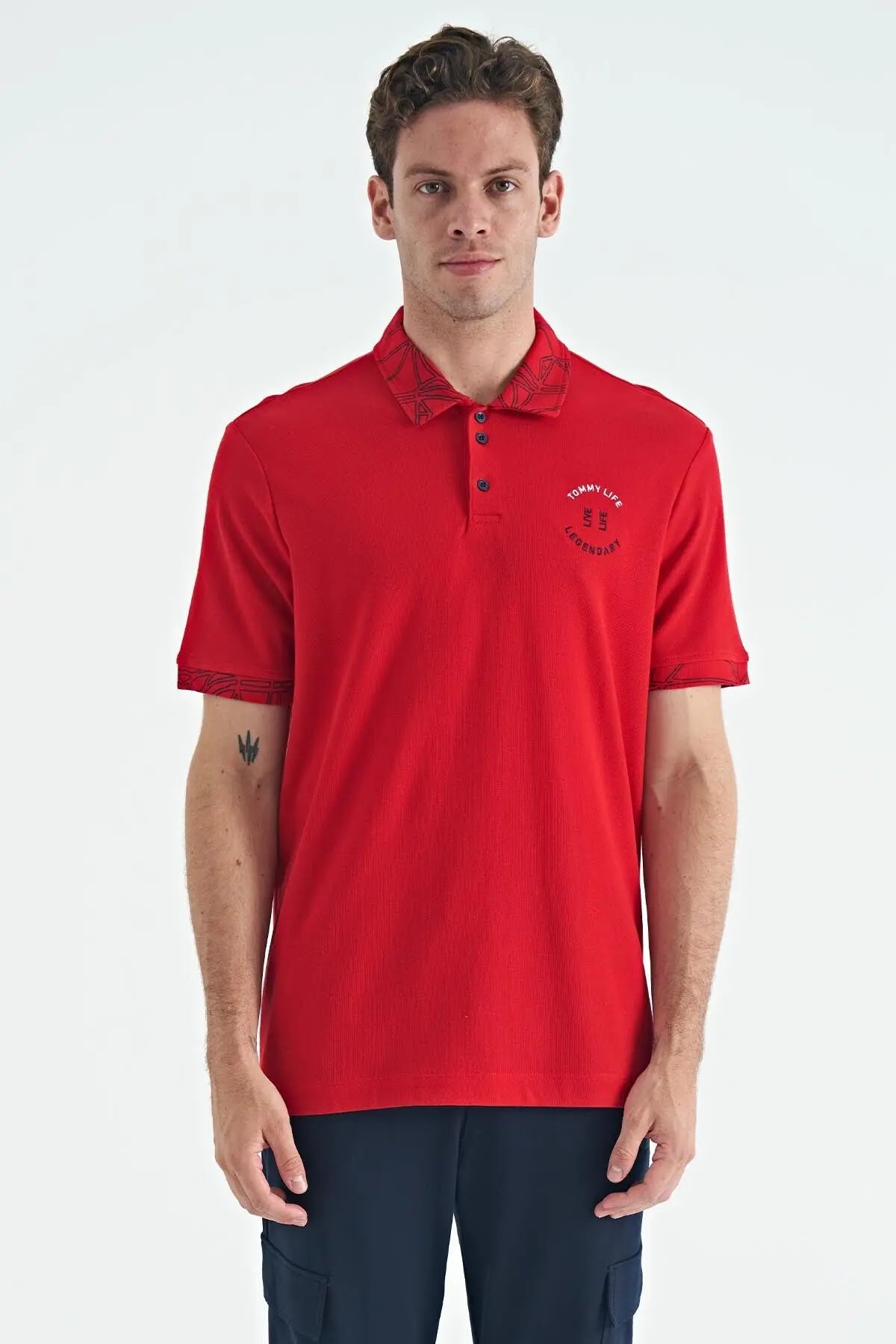 yazi nakişli baski detayli standart kalip polo yaka erkek t-shirt - 88239 - Justyol