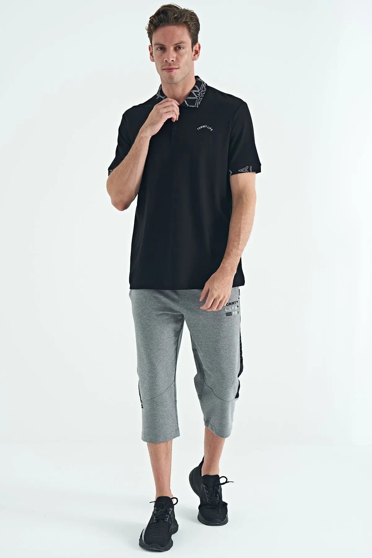 yazi nakişli baski detayli standart kalip polo yaka erkek t-shirt - 88239 - Justyol