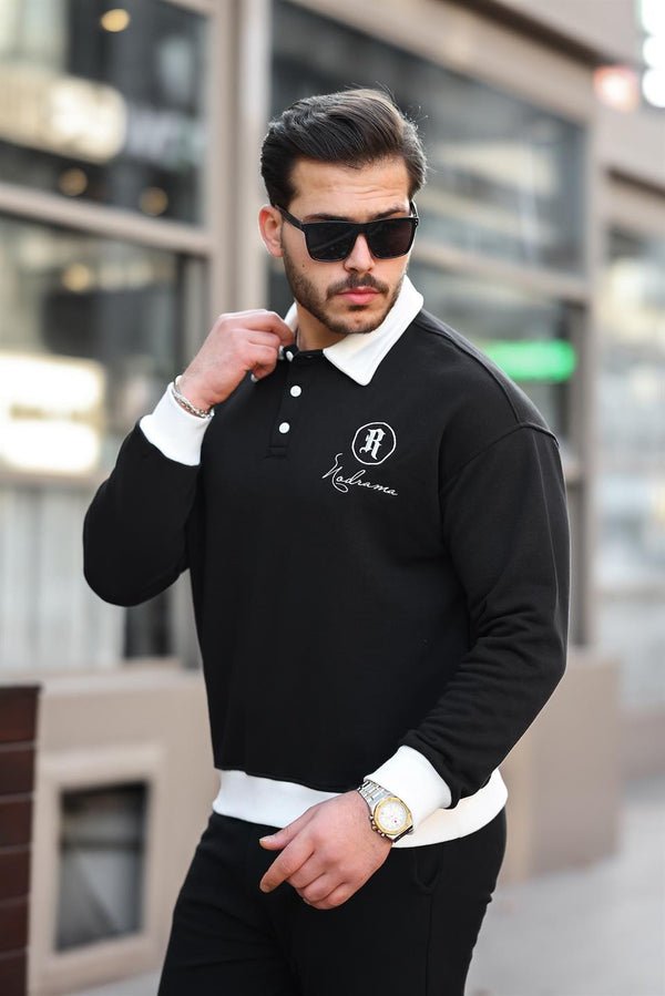 Polo Yaka Düğmeli Nakışlı Sweatshirt - Justyol