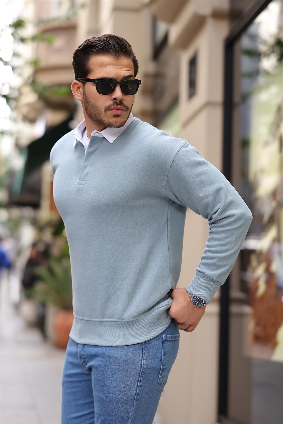 polo yaka selanik örme kumaş erkek sweatshirt - Justyol