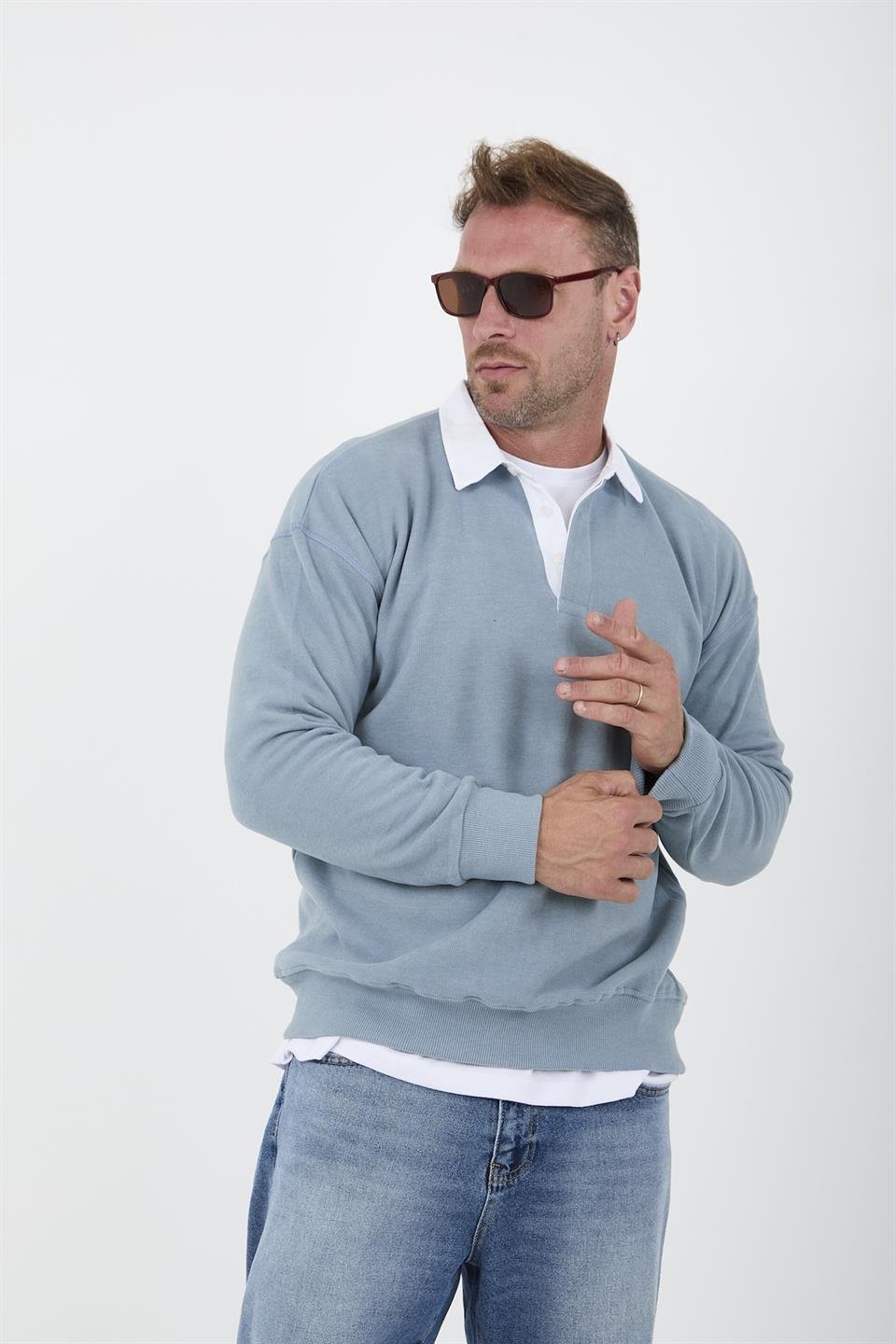 polo yaka selanik örme kumaş erkek sweatshirt - Justyol