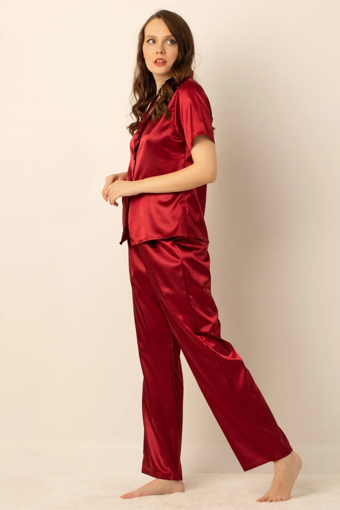 faryanight saten kisa kollu düğmeli gömlek pijama takimi - Justyol