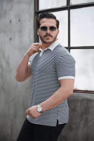 çizgili örme desenli polo yaka erkek t-shirt - Justyol