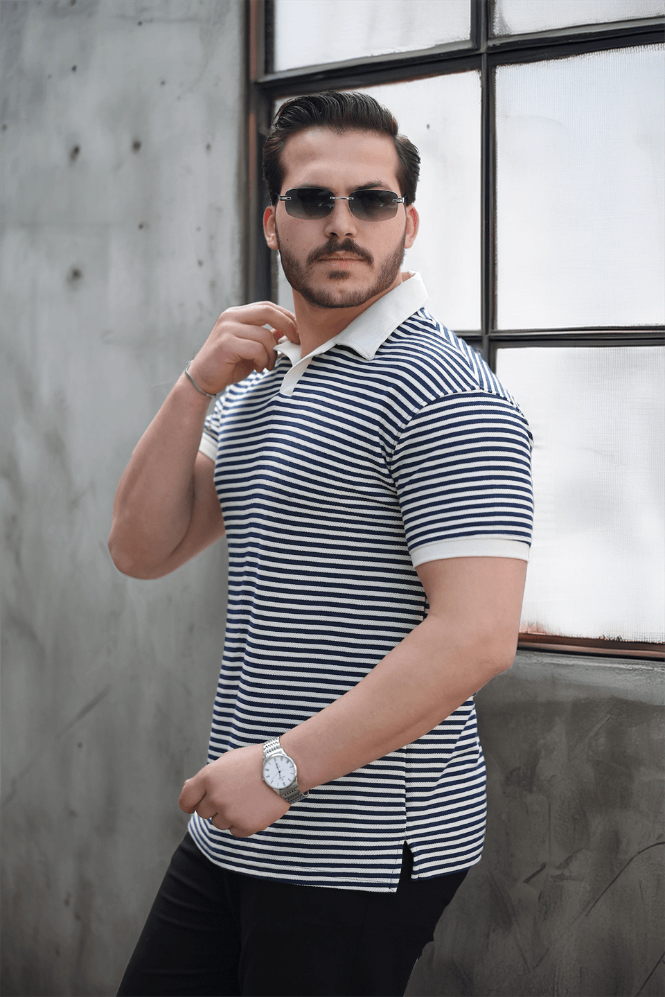 çizgili örme desenli polo yaka erkek t-shirt - Justyol