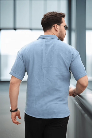yarim oversize apaş yaka kisa kol müslin kumaş erkek gömlek - Justyol