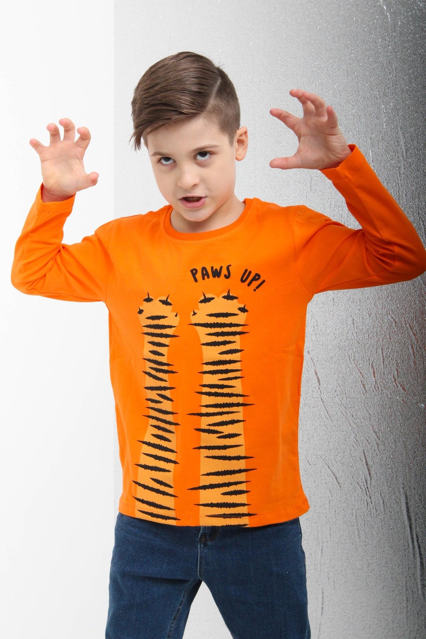 %100 pamuklu uzun kollu paws up baskili erkek çocuk tshirt - Justyol