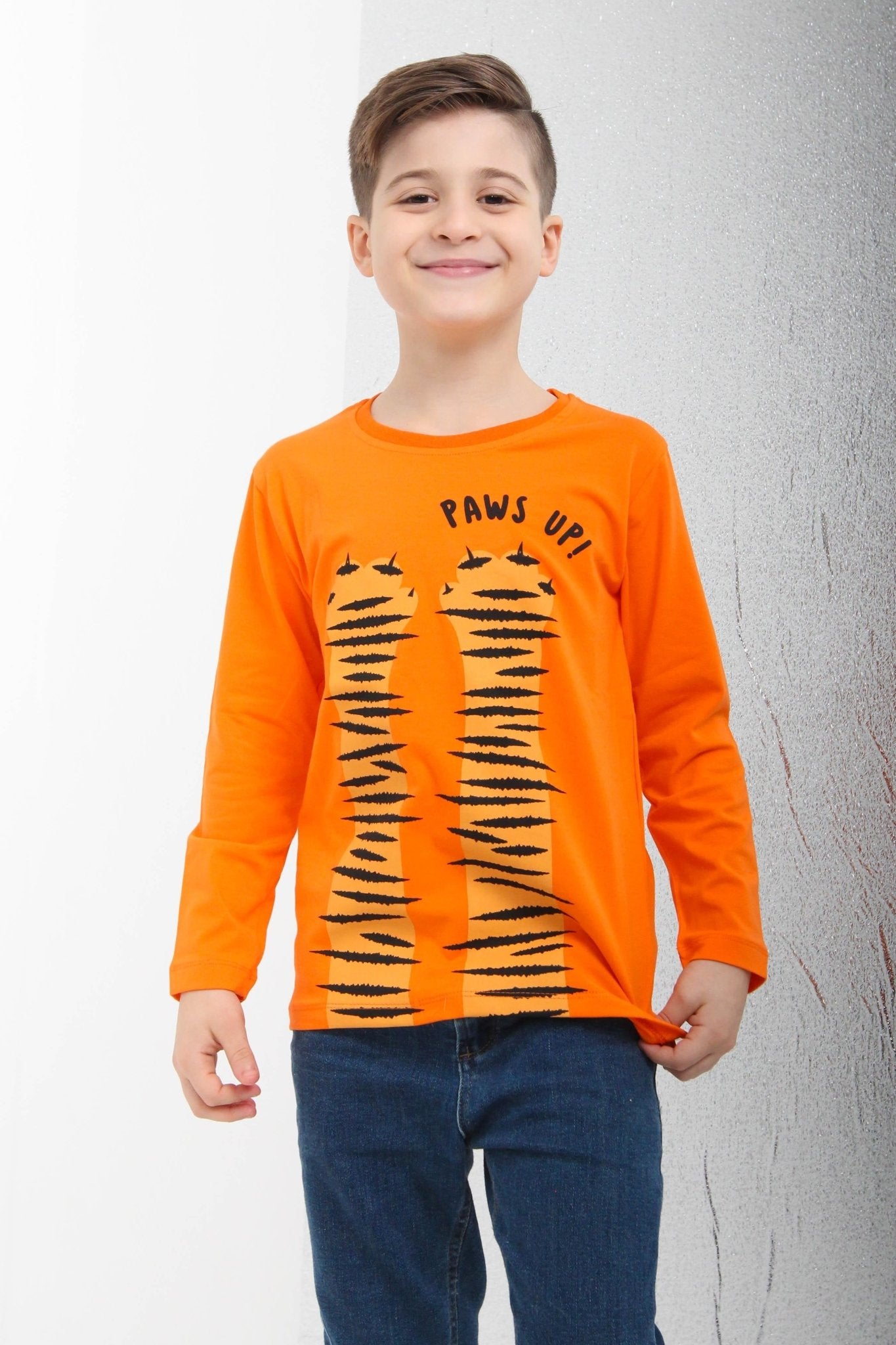 %100 pamuklu uzun kollu paws up baskili erkek çocuk tshirt - Justyol