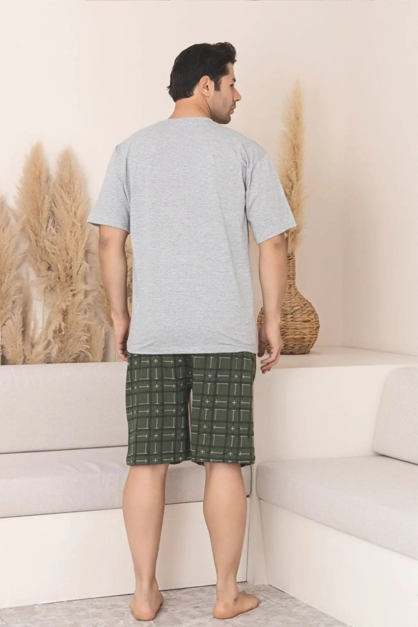 büyük beden pamuklu cepli kisa kollu şortlu erkek pijama takimi - Justyol