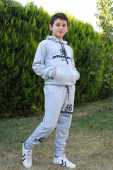 FYK KİDS 96 Text Printed Kangaroo Pocket Hooded Boy's Tracksuit Set - Justyol