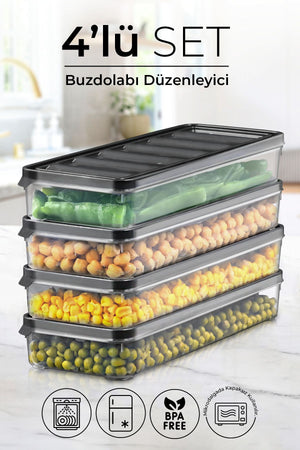 4 lü 1000 ml Buzdolabı ve Mikrodalga Saklama Kabı - Buzdolabı Organizeri Saklama Kutusu - Justyol