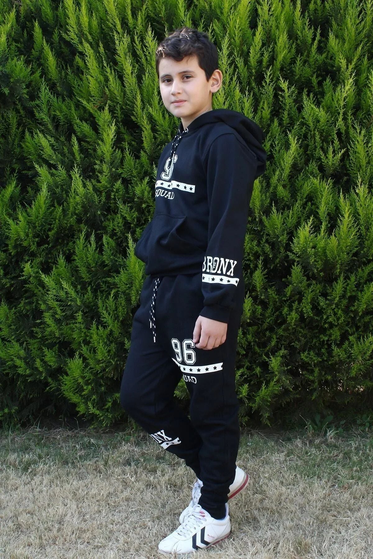 FYK KİDS 96 Text Printed Kangaroo Pocket Hooded Boy's Tracksuit Set - Justyol