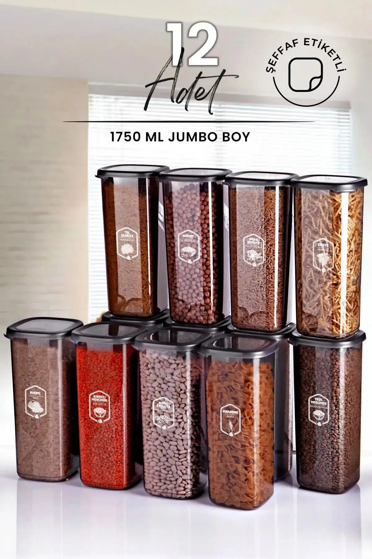 12'li Jumbo Boy Etiketli Square Kare Erzak Saklama Kabı Seti 1700 ml - Sert Kapak Büyük Kavanoz - Justyol