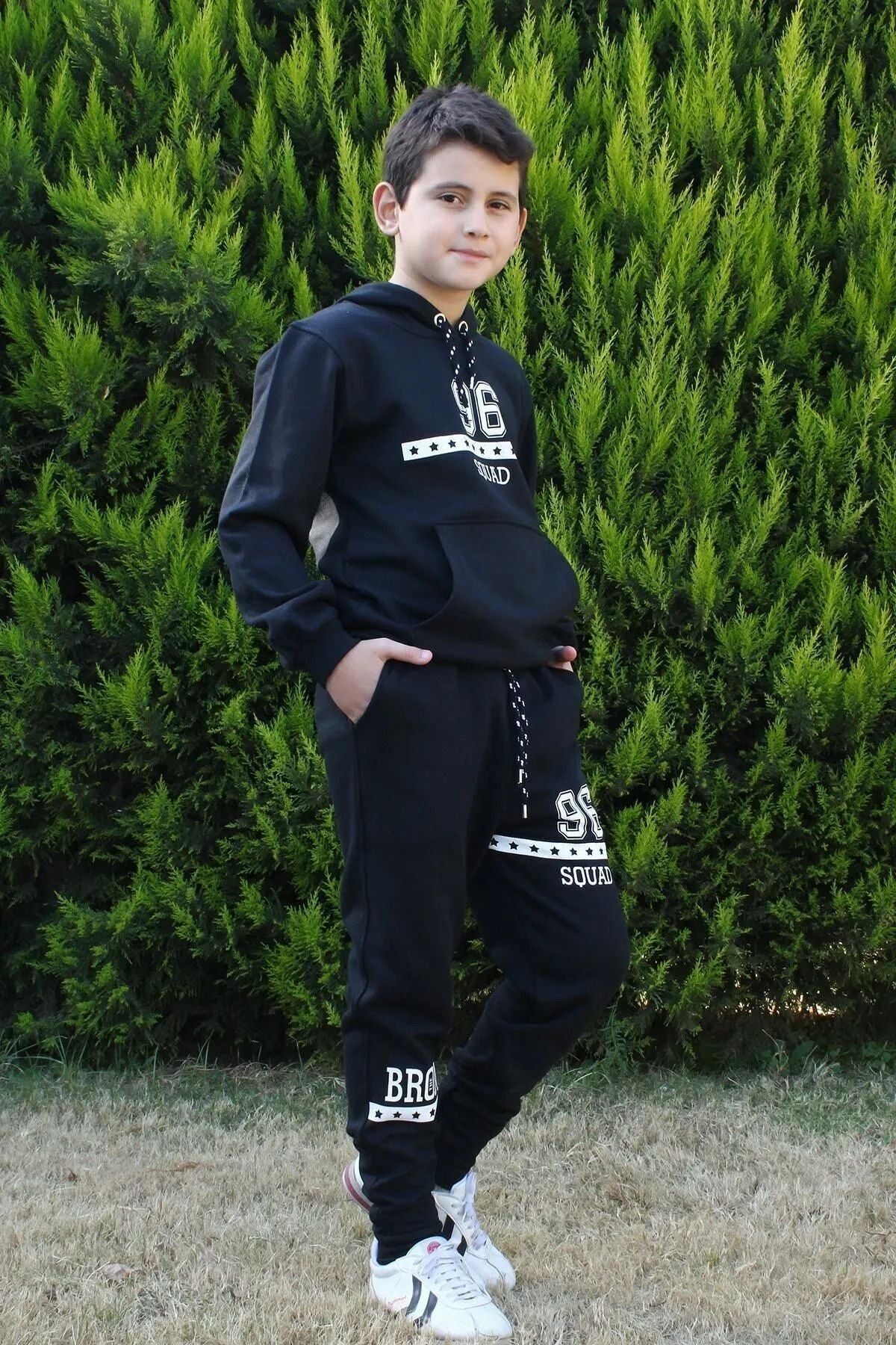 FYK KİDS 96 Text Printed Kangaroo Pocket Hooded Boy's Tracksuit Set - Justyol