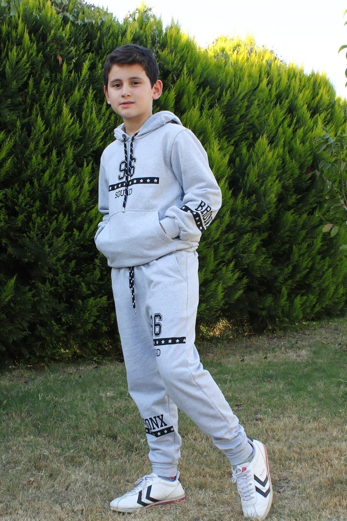 FYK KİDS 96 Text Printed Kangaroo Pocket Hooded Boy's Tracksuit Set - Justyol
