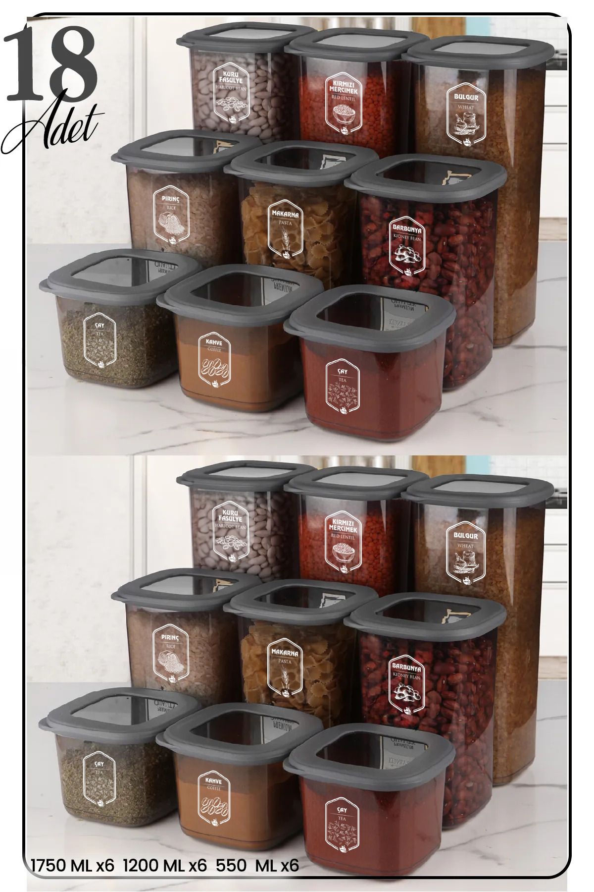 18'li Silikon Kapaklı Etiketli Kare Erzak Saklama Kabı Seti X6(550ML - 1200ML - 1750 ML) Hava Almaz - Justyol