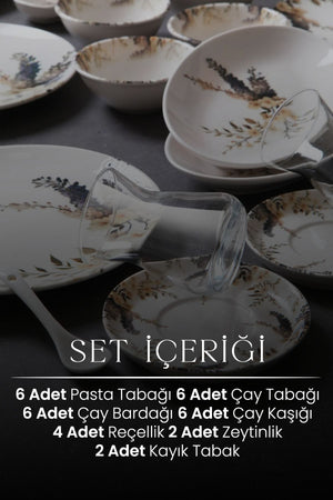 32 Parça 6 Kişilik Kır Çiçeği Porselen Kahvaltı Takımı New Bone - Justyol