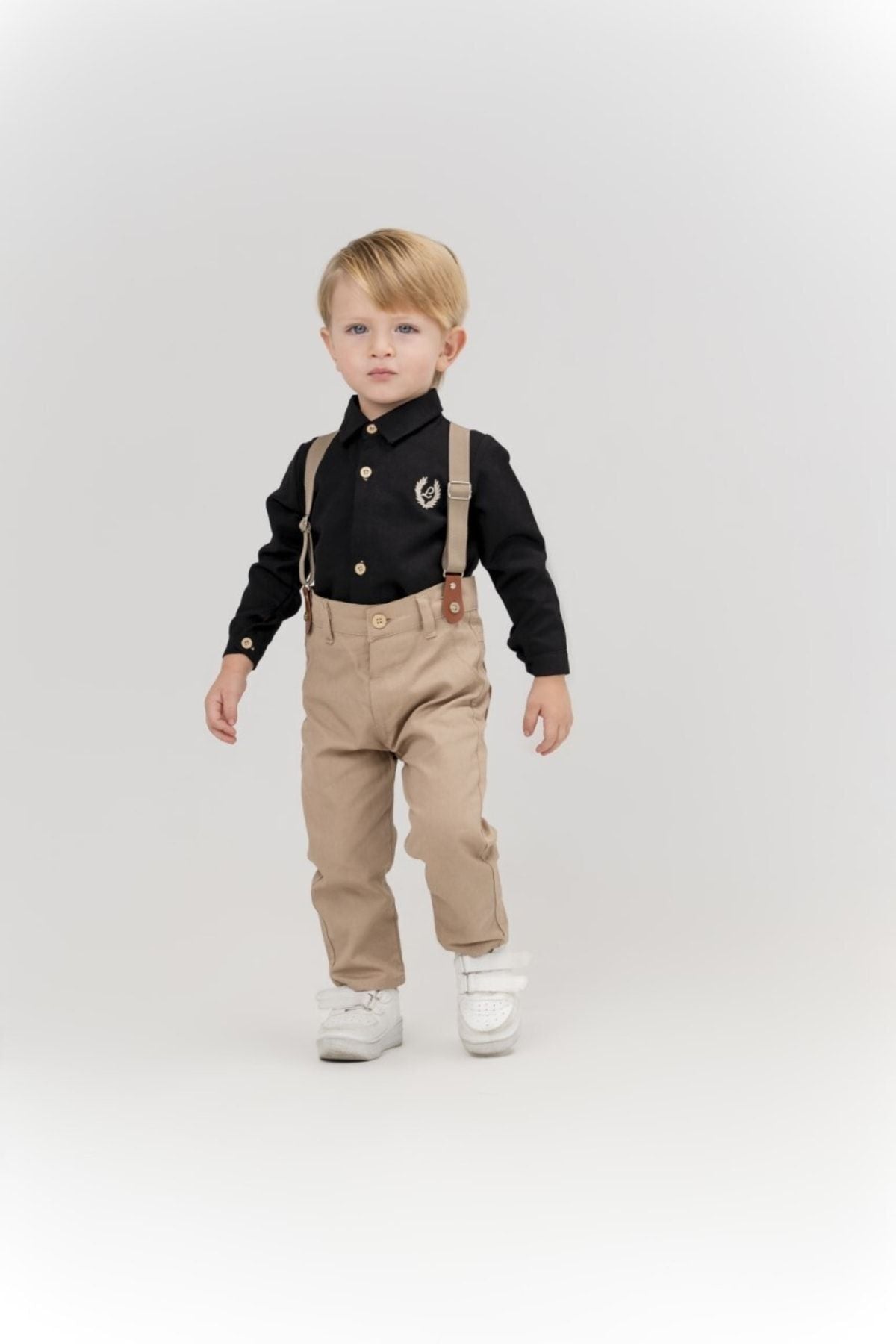 Terry Boy's Oxford Black Shirt With Bow Tie Beige Trousers Suit - 31736 - Justyol