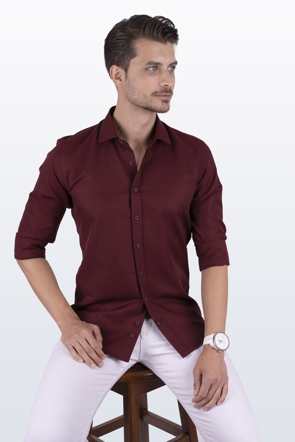Koyu Bordo Baklava Desenli Slimfit Kutulu Gömlek - 6480 - Justyol