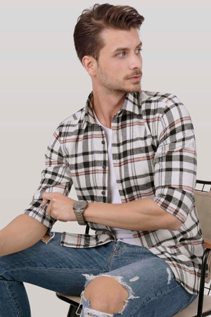 Beyaz Siyah Çizgili Slimfit Oduncu Kutulu Gömlek - 6468 - Justyol
