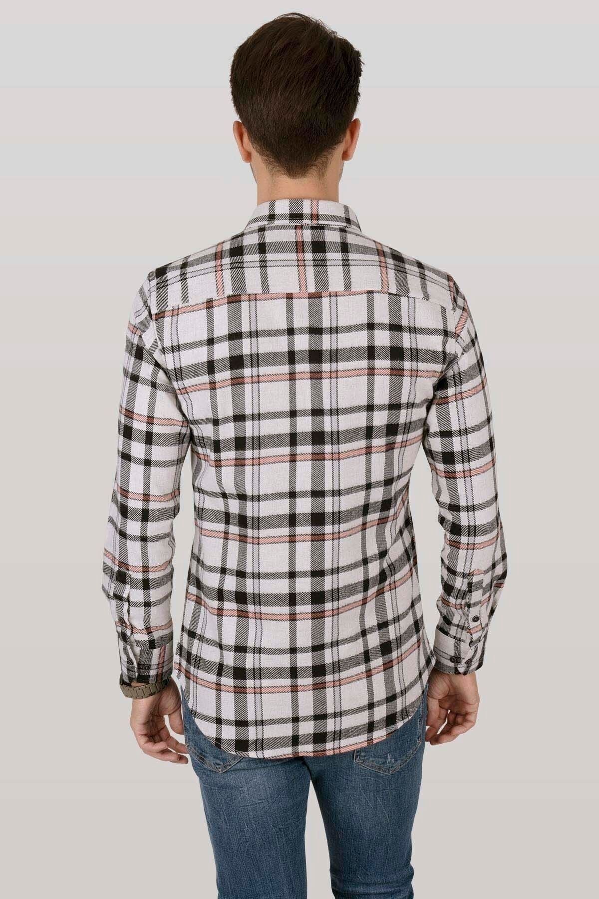 Beyaz Siyah Çizgili Slimfit Oduncu Kutulu Gömlek - 6468 - Justyol