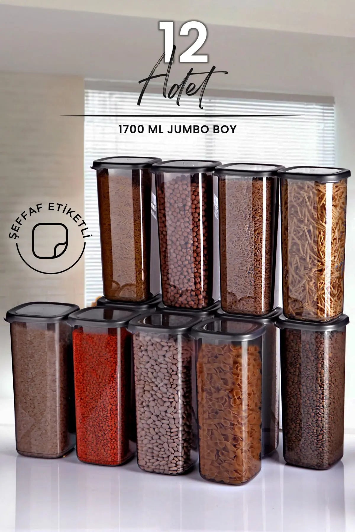 12'li Jumbo Boy Etiketli Square Kare Erzak Saklama Kabı Seti 1700 ml - Sert Kapak Büyük Kavanoz - Justyol