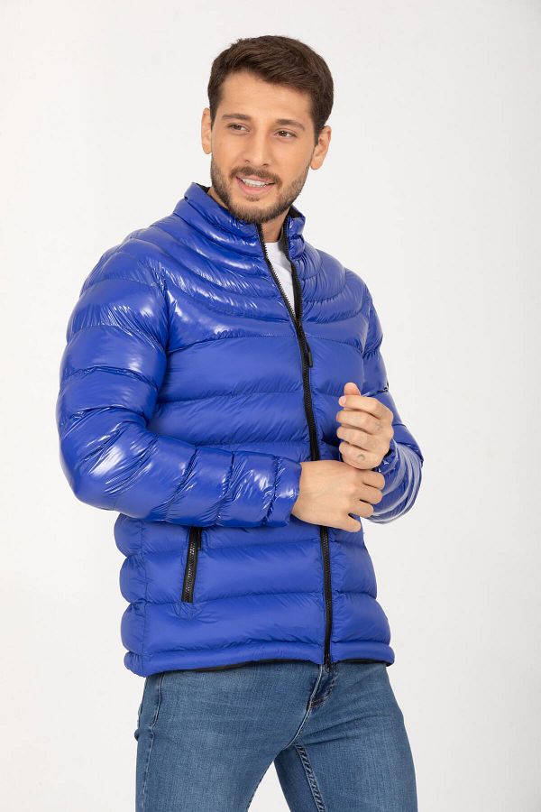 Shiny Casual Bomber Jacket/Coat - Men's - Waterproof - With Pockets and Front Zipper - blue - 56986 - Justyol