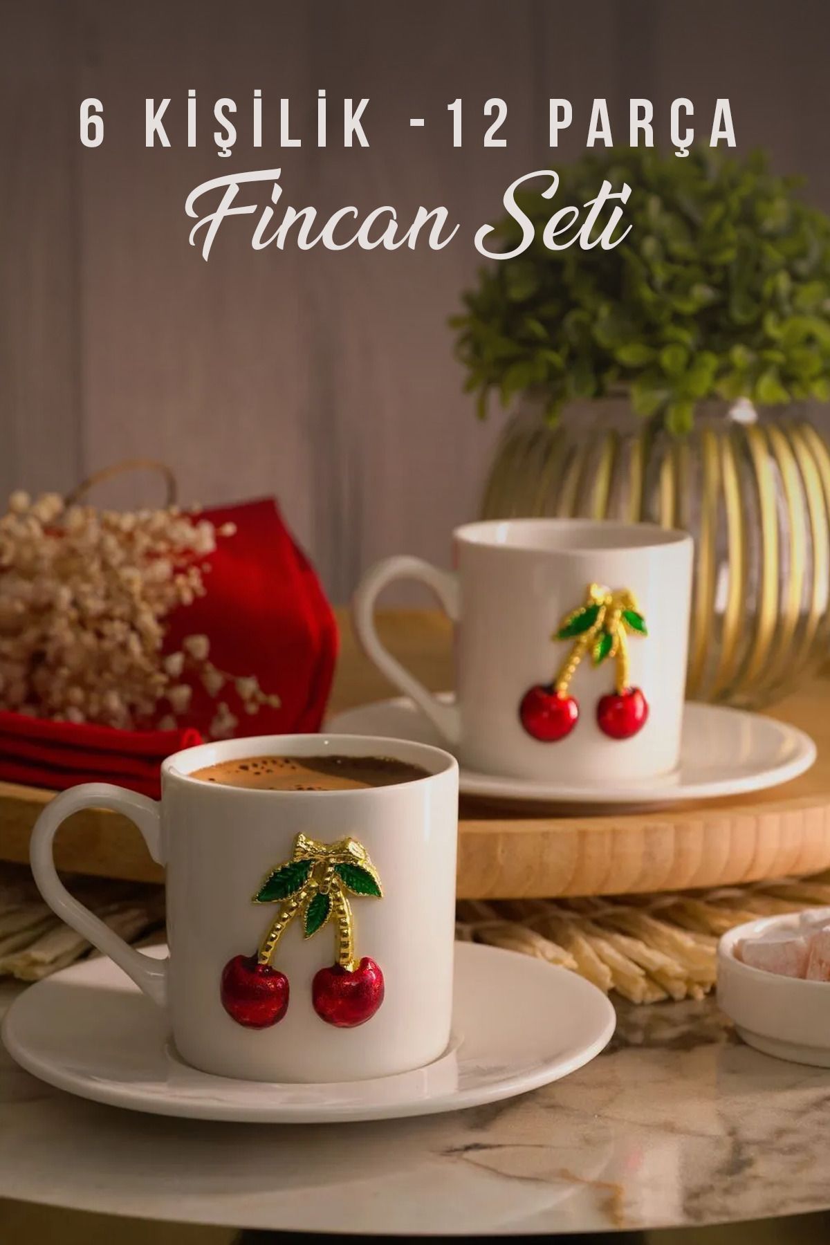 12 Parça 6 Kişilik Porselen Kirazlı Kahve Fincan Takımı 100ml - Kiraz Kahve Fincanı - Justyol