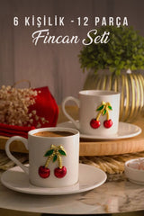 12 Parça 6 Kişilik Porselen Kirazlı Kahve Fincan Takımı 100ml - Kiraz Kahve Fincanı - Justyol