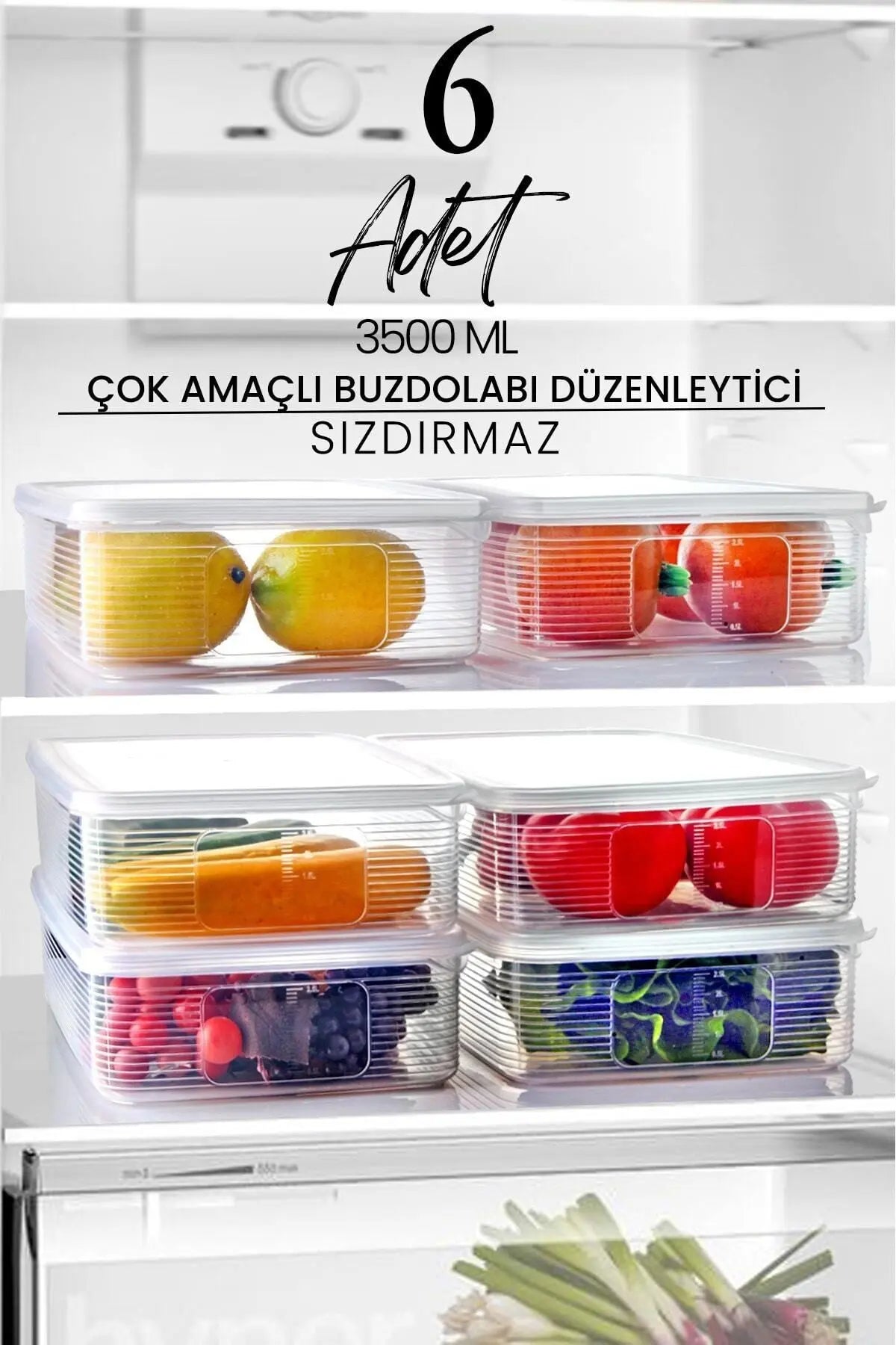 6 Adet 3,5 Litre Buzdolabı İçi Düzenleyici Dikdörtgen Erzak Saklama Kabı Seti - Organizeri 3500ml - Justyol