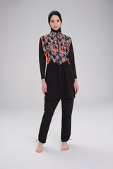 Patterned women's swimsuit suitable for hijab - 6 pieces - Black - 65827 - Justyol