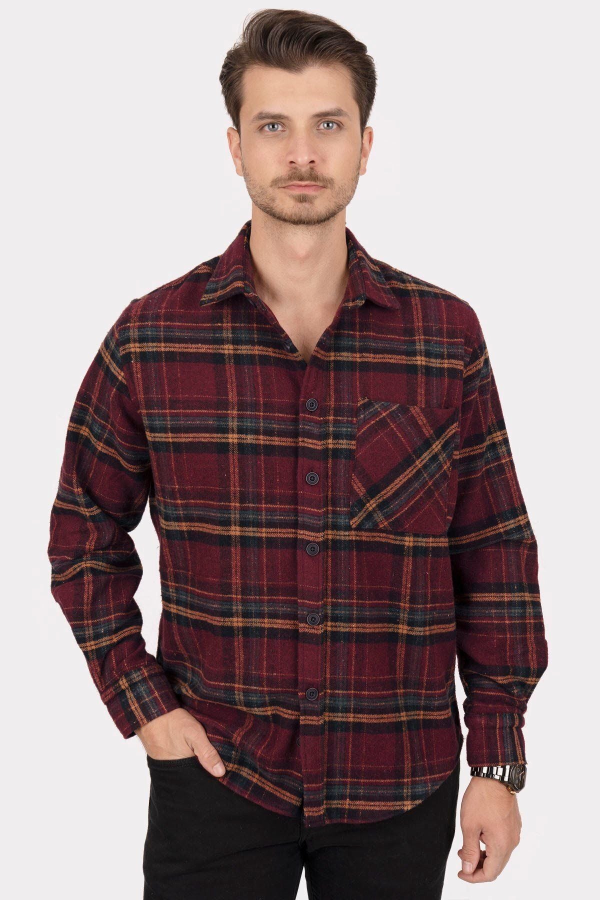 Bordo Sarı Çizgili Oversize Kalın Oduncu Gömlek - 20345 - Justyol
