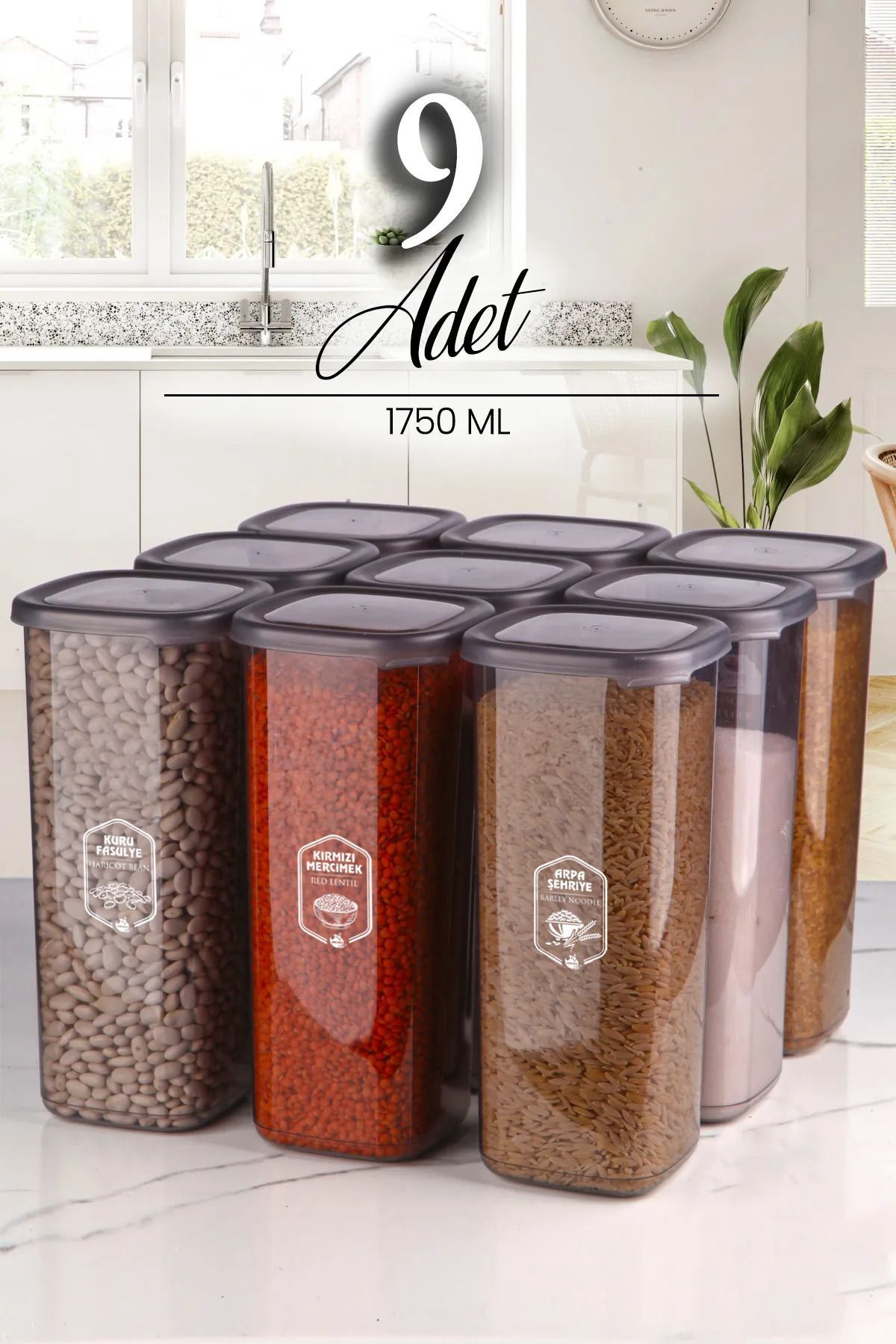 9'lu Jumbo Boy Etiketli Square Kare Erzak Saklama Kabı Seti 1750 ml - Sert Kapak Büyük Kavanoz - Justyol