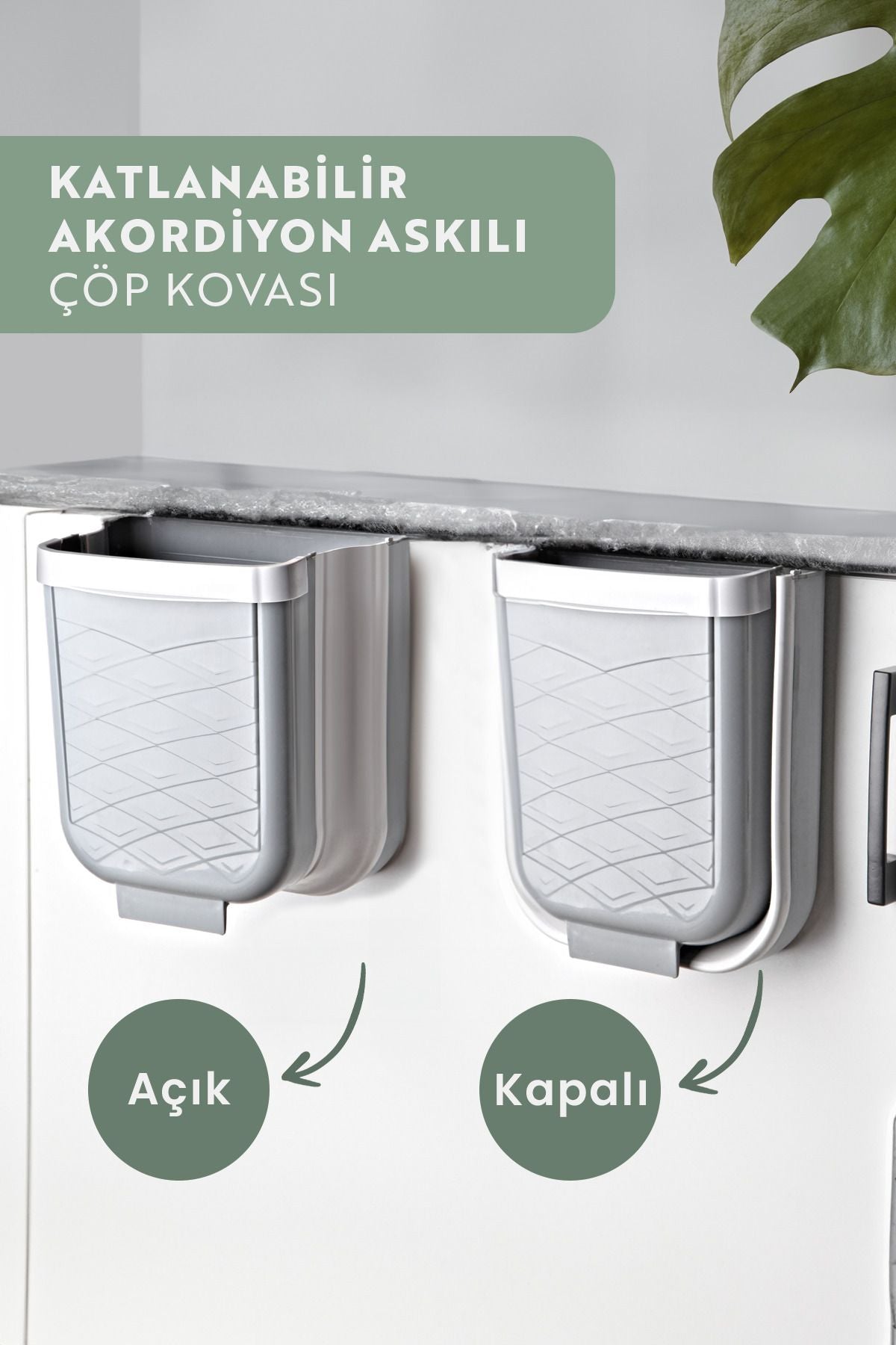 Akordiyon Katlanabilir Askılı Banyo ve Mutfak Tezgahüstü Çöp Kovası - Dolap içi Dışı Gizlenebilir - Justyol