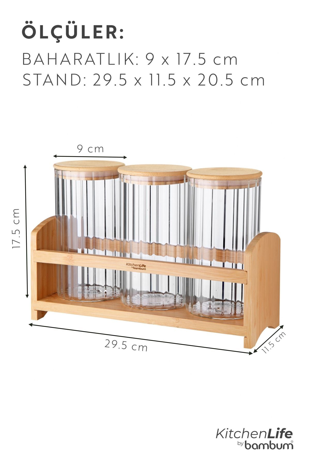 4 Parça Tezgah Üstü Bambu Kapaklı Standlı Çizgili Kavanoz Seti - 900 ML - Çay Şeker Kahve Kavanozu - Justyol