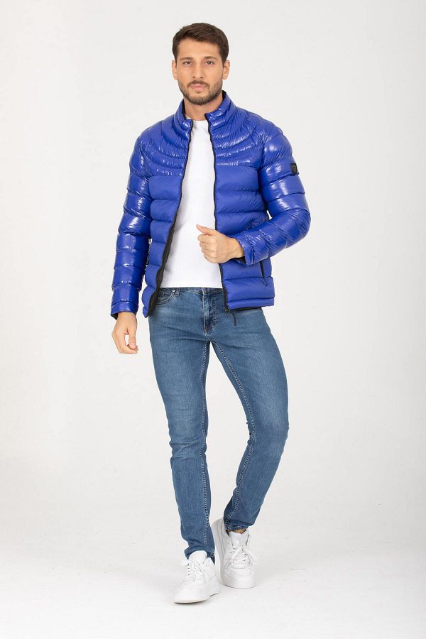 Shiny Casual Bomber Jacket/Coat - Men's - Waterproof - With Pockets and Front Zipper - blue - 56986 - Justyol