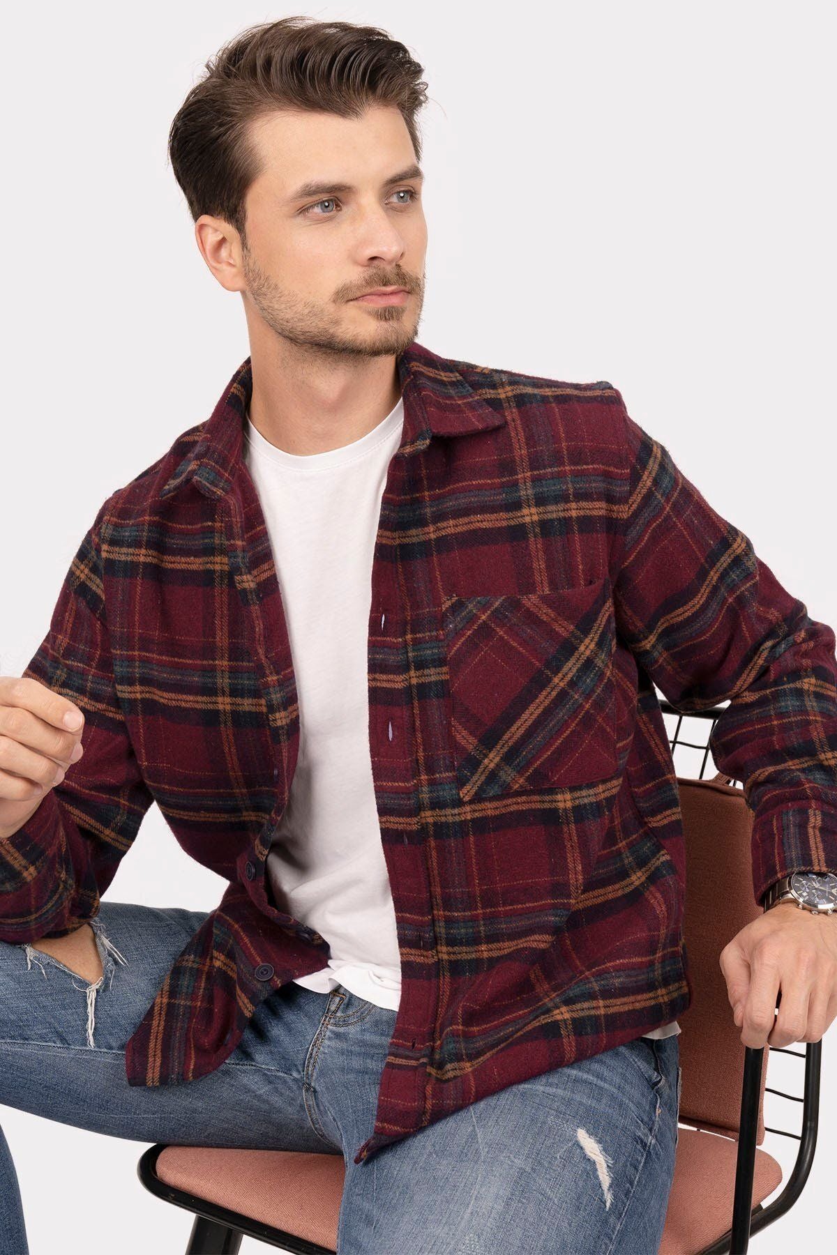 Bordo Sarı Çizgili Oversize Kalın Oduncu Gömlek - 20345 - Justyol
