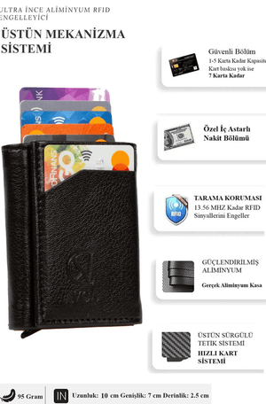 Porte - cartes en cuir vegan noir avec compartiment pour billets et mécanisme coulissant - Justyol