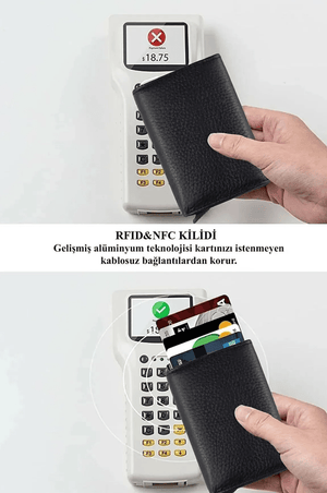 Porte - cartes en cuir vegan noir avec compartiment pour billets et mécanisme coulissant - Justyol