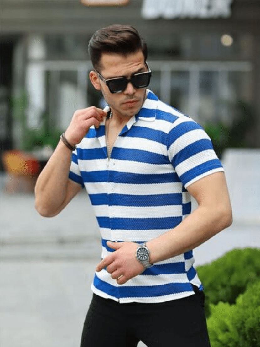 Çizgili Pamuk Örme Premium Fit Gömlek - Justyol